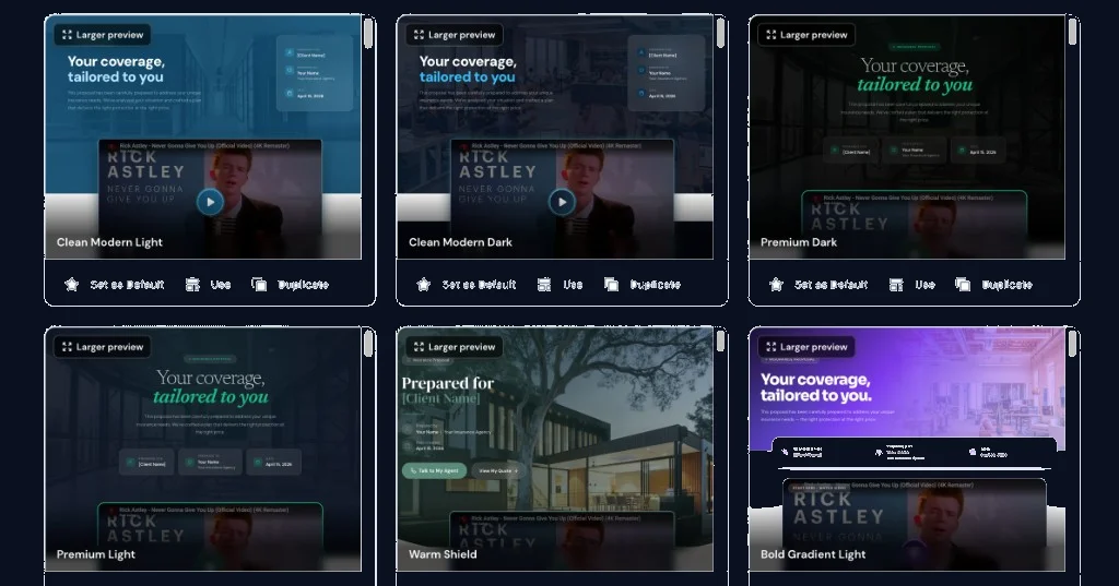 Polly template gallery showing Clean Modern, Premium Dark, Warm Shield, and other ready-made proposal layouts